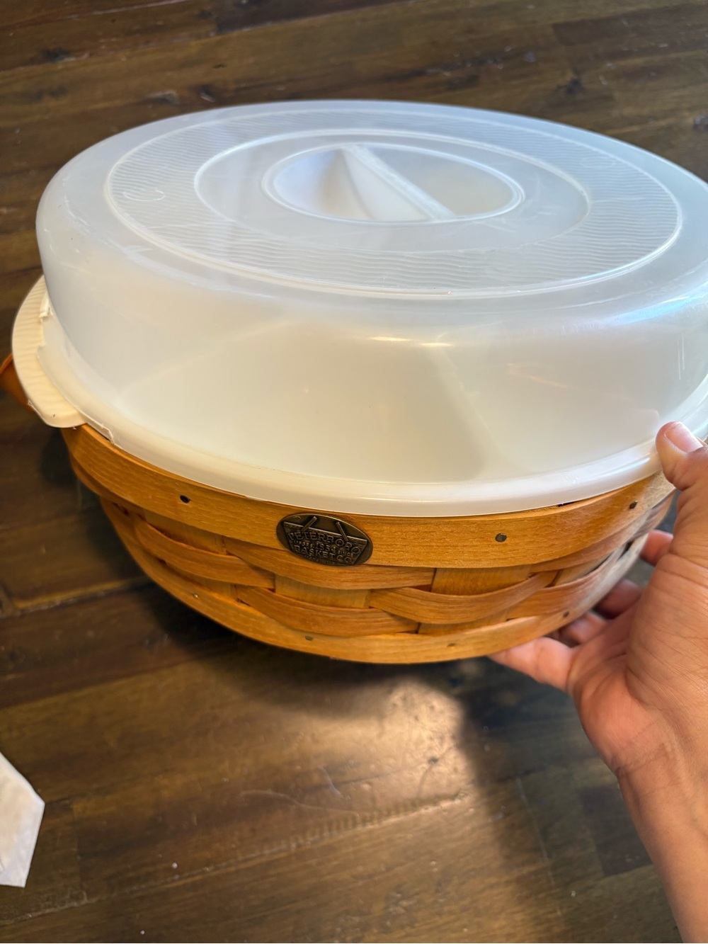 Peterboro Basket Leather Handles Divided Plastic Party Server Tray & Lid Vintage